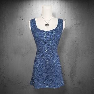 Jeanne Alexander Alex Evenings Sequin Floral Lace Tank Top 16 XL Blue Fairy Glam